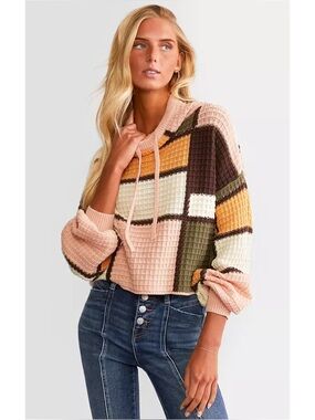 Gilded Intent Buckle Funnel Neck Cropped Checkered Patchwork Sweater